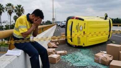 Camioneta de Mercado Libre queda volcada en distribuidor vial de Poza Rica