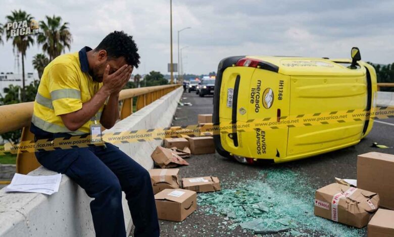 Camioneta de Mercado Libre queda volcada en distribuidor vial de Poza Rica